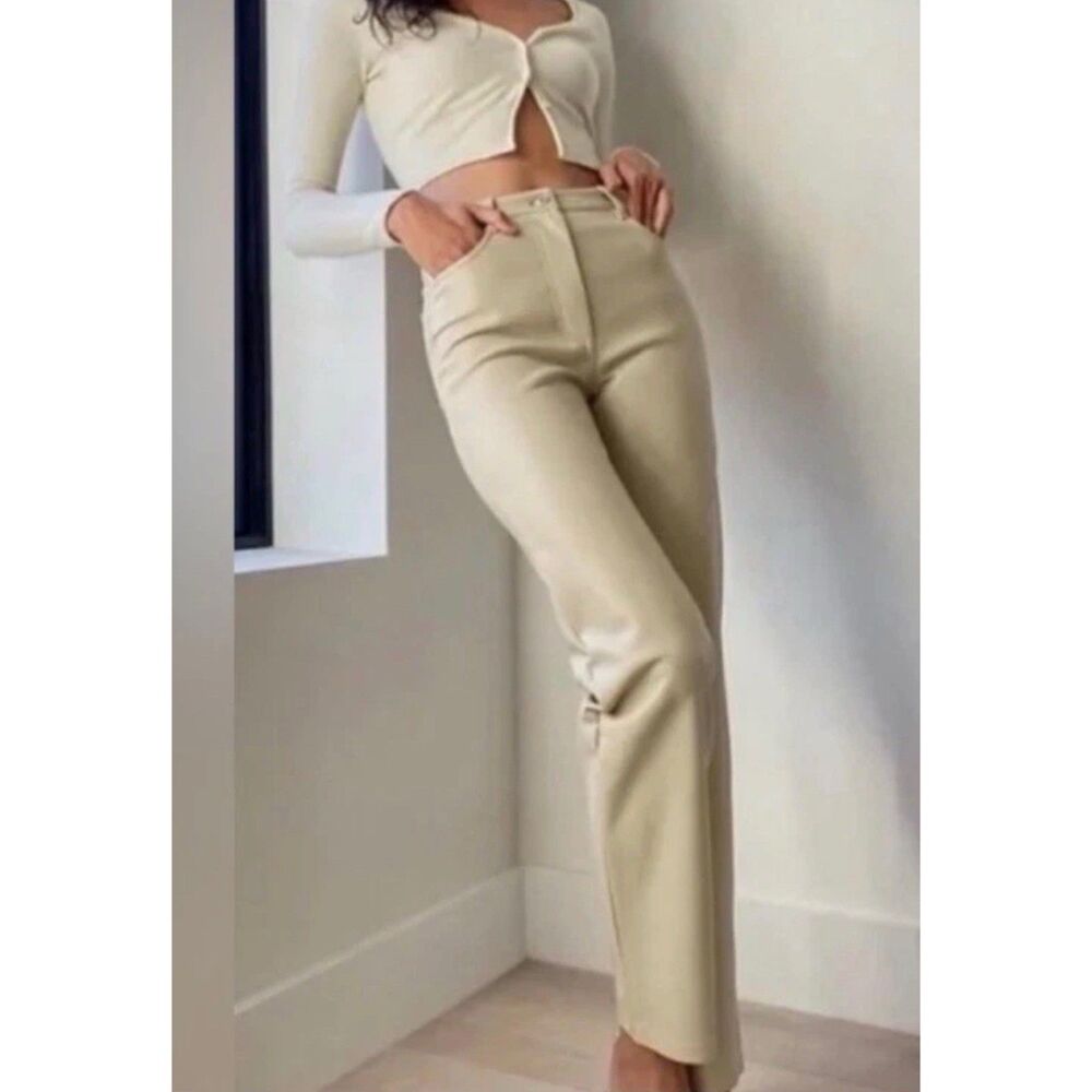 Aritzia Wilfred Pants Melina Size 2 Faux Leather Vegan Straight Leg Beige Tan